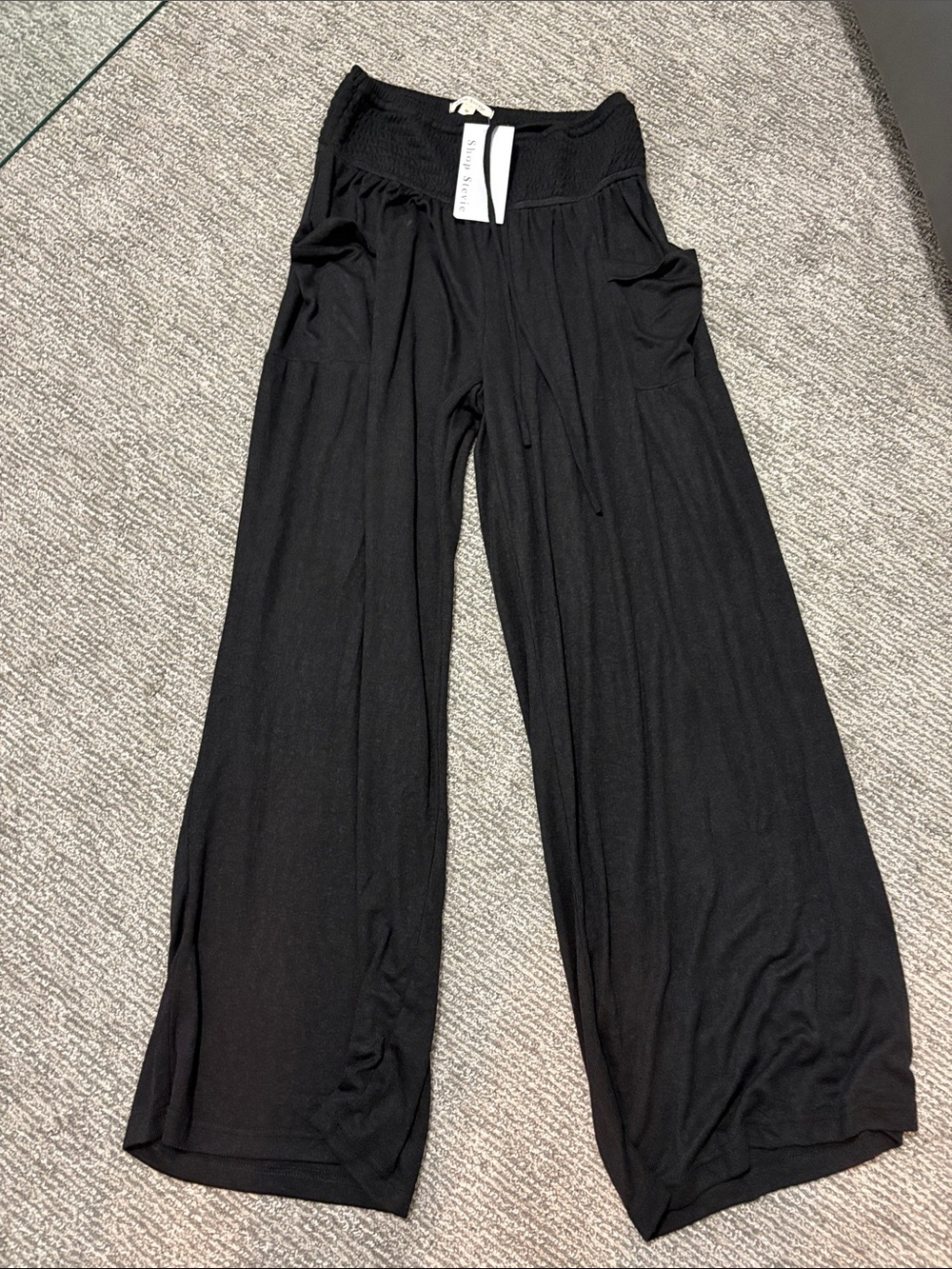 Shop Stevie Boho Black Wide-Leg Smocked Waist Pants